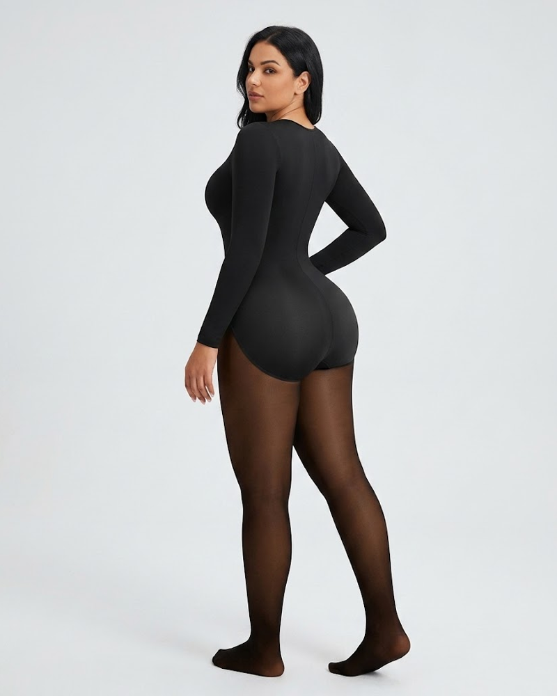 Long‑Sleeve Sheer Splice Tummy Control Butt Lifting Fleece Lined Bodysuit（Pre‑Sale）