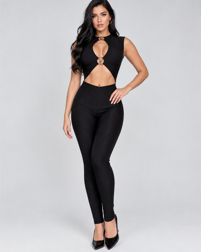 Black Sleeveless Cutout High Waist Slim Long Jumpsuit