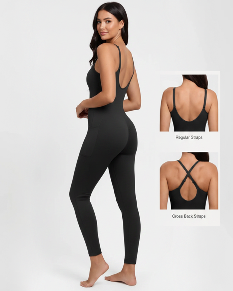 Front‑Zipper Deep‑V Adjustable Straps Shapewear Jumpsuit（Pre‑Sale）