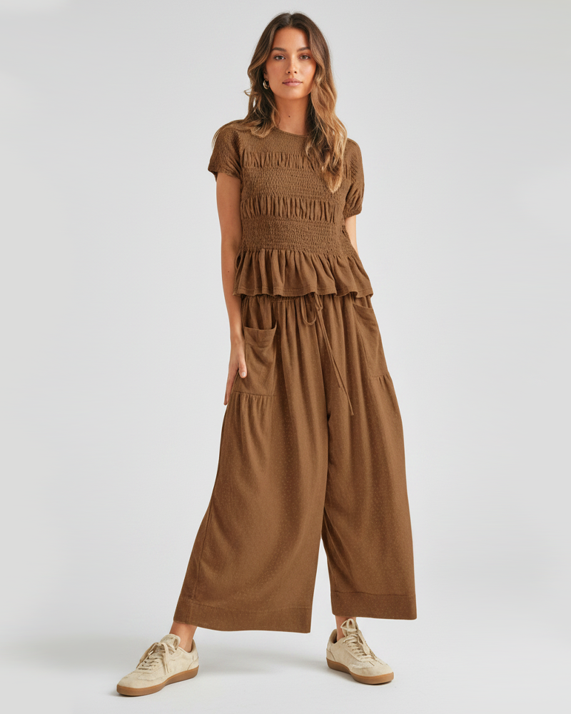 Bohemian Elastic Ruched Top High‑Waist Wide‑Leg Casual Pants 2‑Piece Outfit