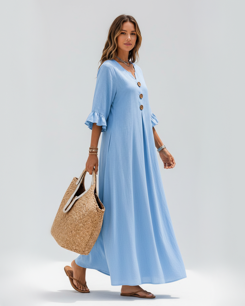 Bohemian V‑Neck Ruffle Sleeve Maxi Dress