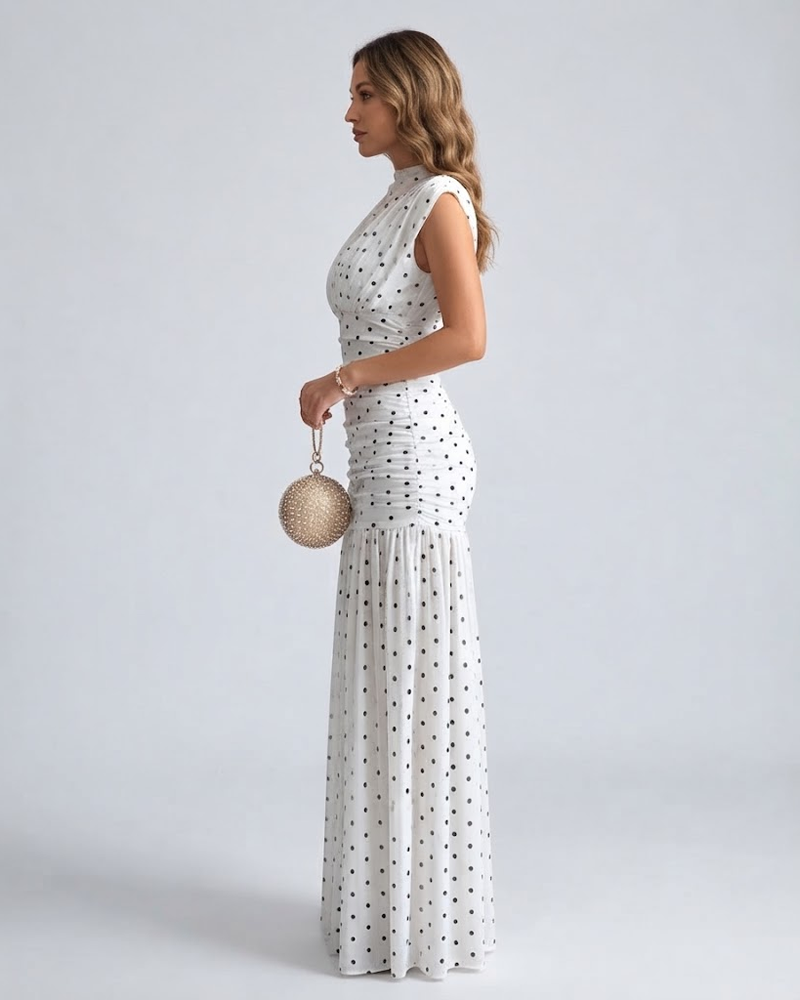 Elegant Polka Dot Print Sleeveless Maxi Dress Ruched Bust & Waist Slimming Long Dress