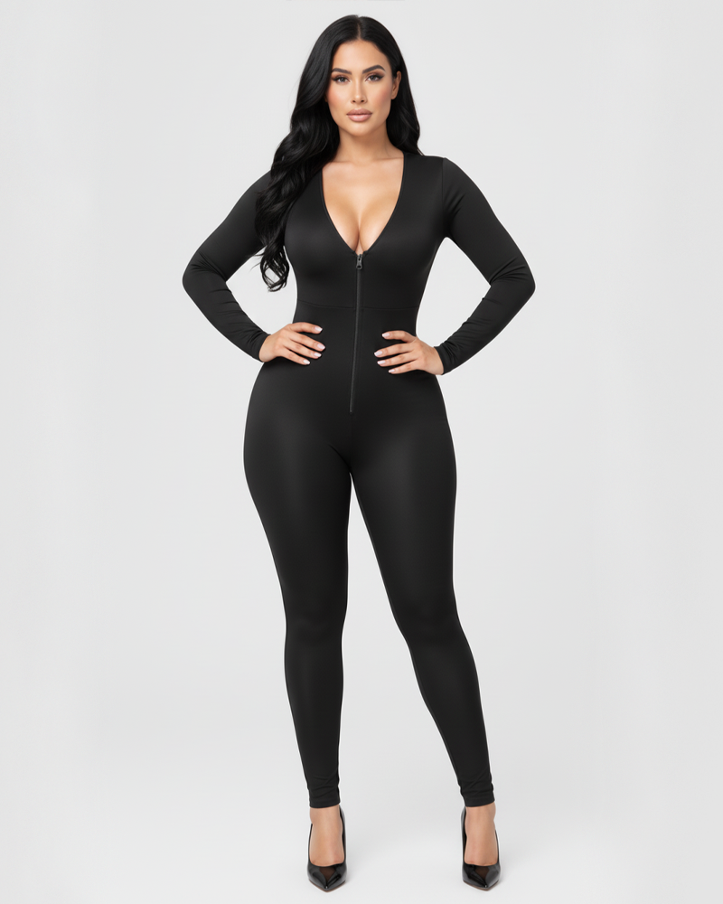 Deep V Front Zipper Long Sleeve Shaping Jumpsuit High Stretch Tummy Control Butt Lifter（Pre-Sale）