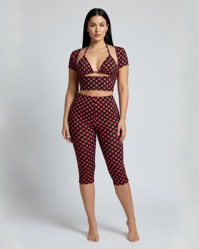 Women 3 Piece Set Polka Dot Triangle Bra Short Sleeve T-Shirt & Skinny Capri Pants Outfit