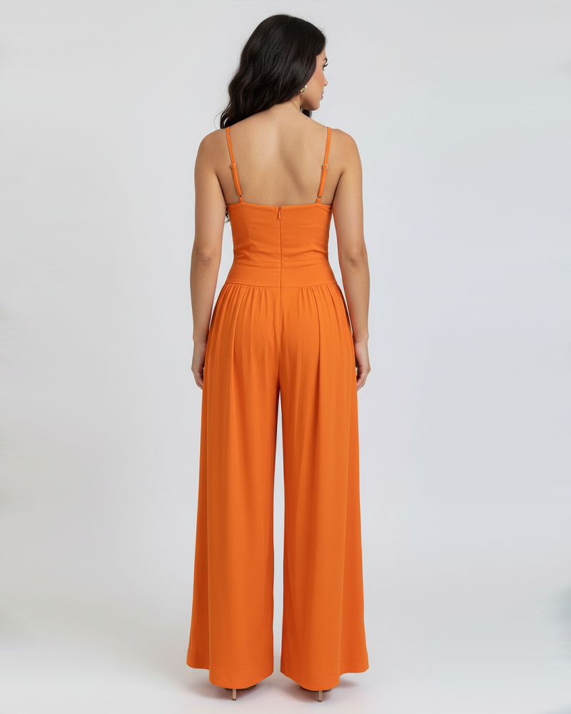 Metal Button Cutout Wide‑Leg Jumpsuit With Pockets