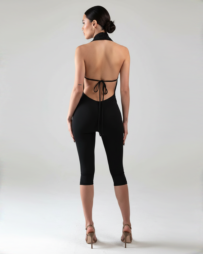 Draped Neck Back Tie Bodycon Fitted Cropped Jumpsuit
