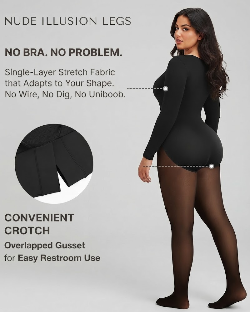Long‑Sleeve Sheer Splice Tummy Control Butt Lifting Fleece Lined Bodysuit（Pre‑Sale）