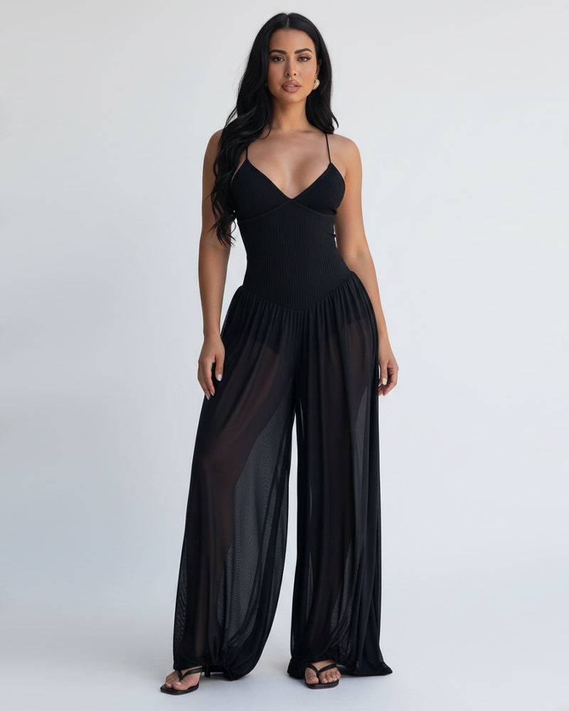 Vacation Style Lace-Up Back Slim Wide Leg Jumpsuit