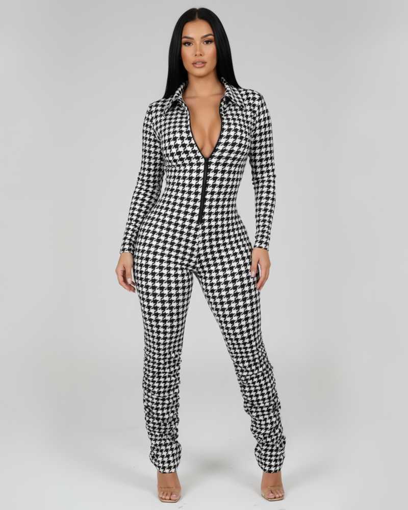 Front Zipper Leg Ruched Print Long Sleeve Skinny Jumpsuit（Pre-Sale）