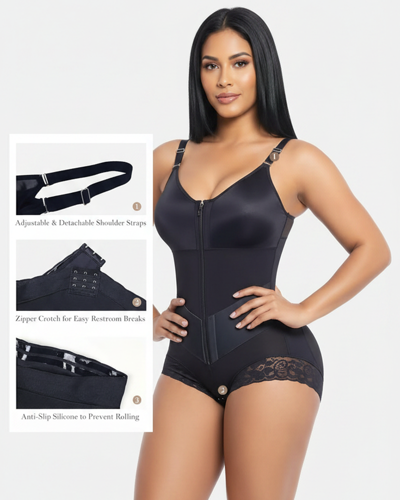 V‑Shape Compression Front Zipper Lace Trim Panty Shapewear Bodysuit