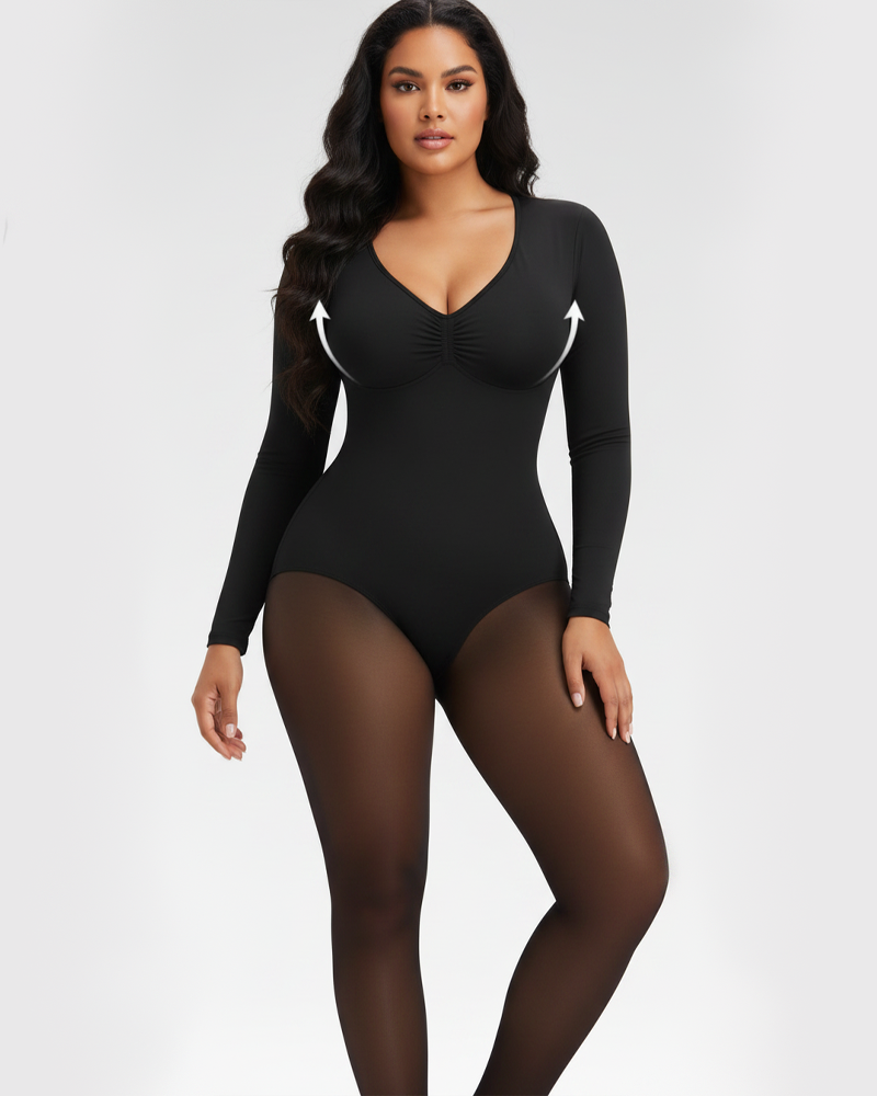 Long‑Sleeve Sheer Splice Tummy Control Butt Lifting Fleece Lined Bodysuit（Pre‑Sale）