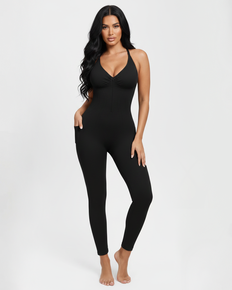 Front‑Zipper Deep‑V Adjustable Straps Shapewear Jumpsuit（Pre‑Sale）