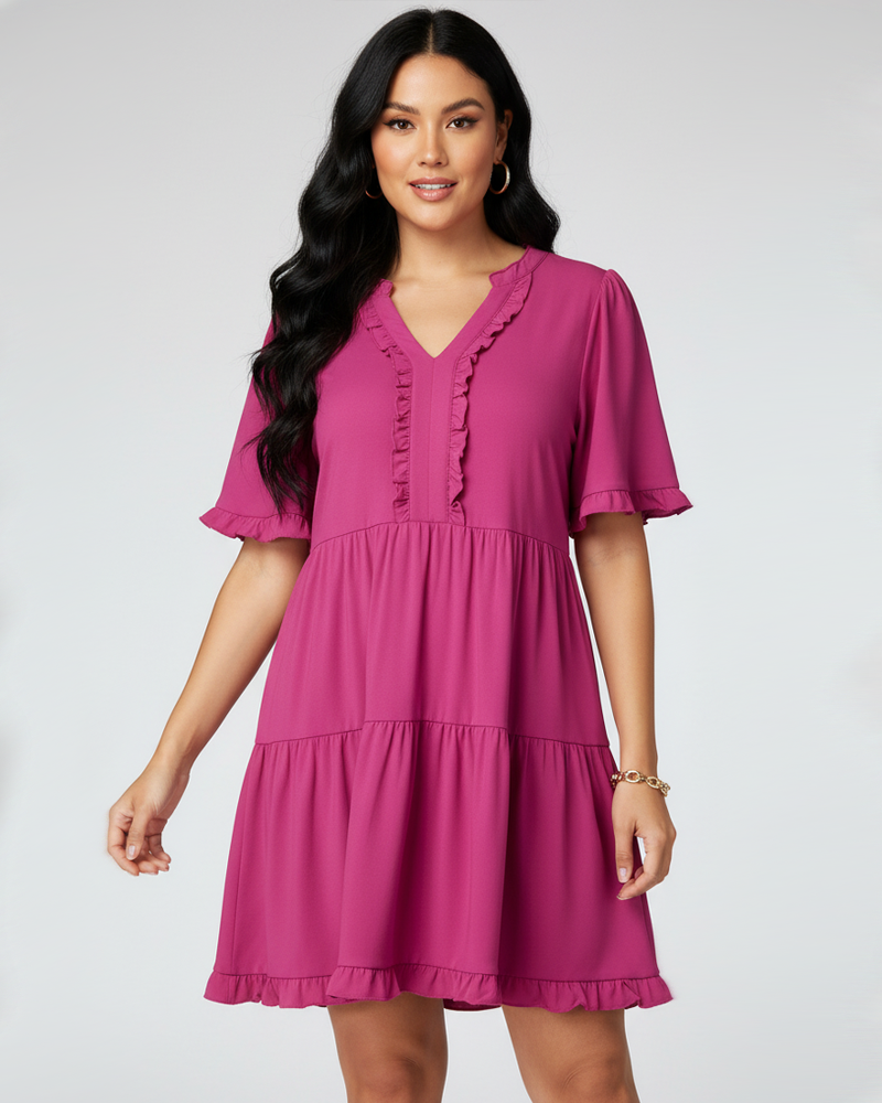 V‑Neck Ruffle Short Sleeve Casual Flowy Hem Mini Dress Summer Loose Swing Short Dress