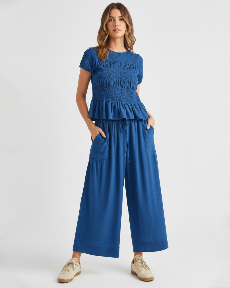 Bohemian Elastic Ruched Top High‑Waist Wide‑Leg Casual Pants 2‑Piece Outfit