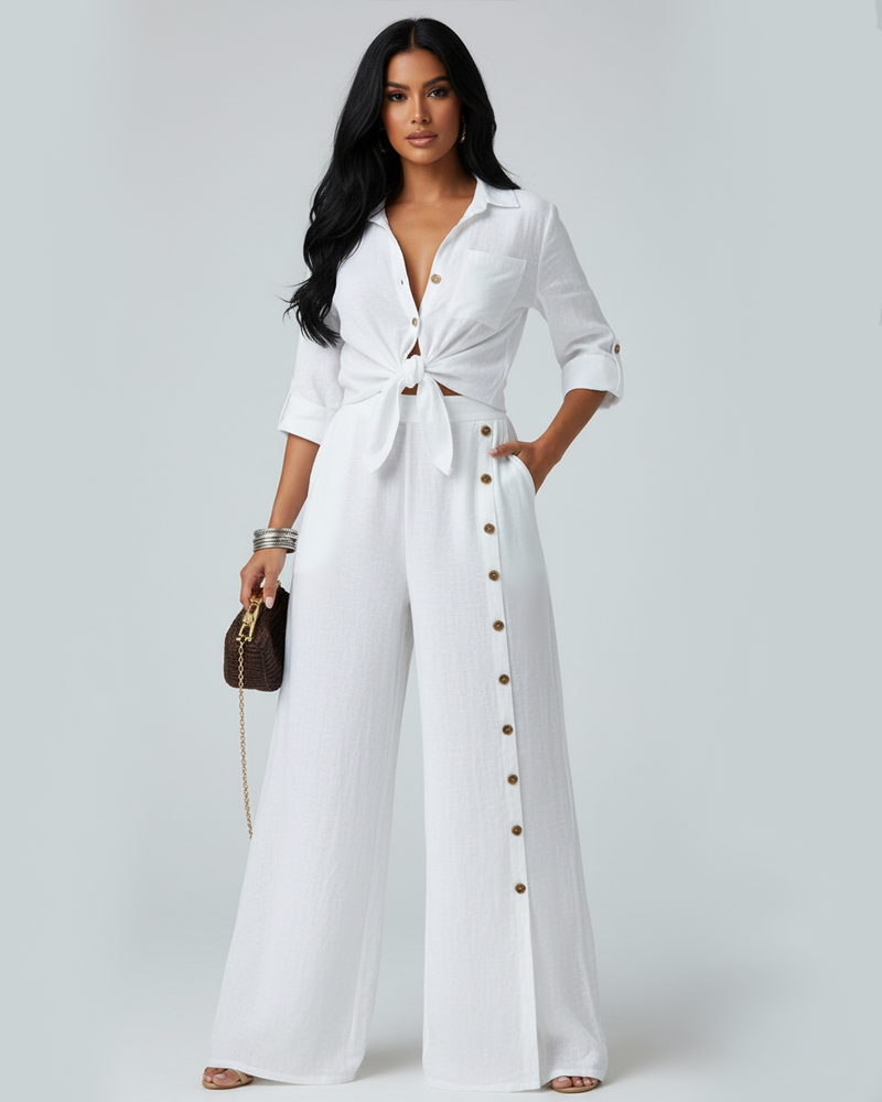 Tied‑Front Blouse Top & Button Decor Wide‑Leg Pants Two‑Piece Set