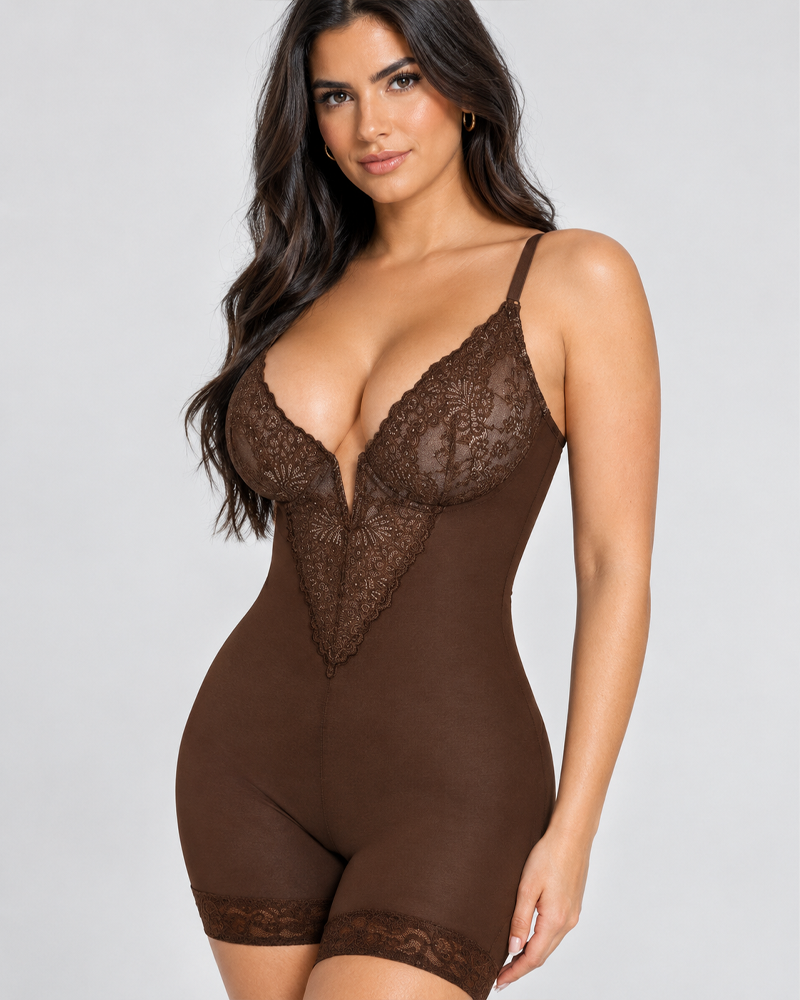 Lace V-Neck Strap Shapewear Bodysuit Tummy Control Butt Lifting Anti-Roll Edge Shaper