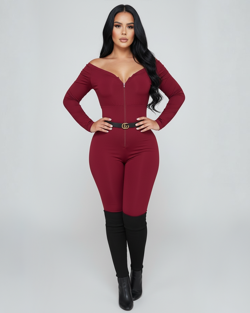 Deep V Front Zipper Long Sleeve Shaping Jumpsuit High Stretch Tummy Control Butt Lifter（Pre-Sale）