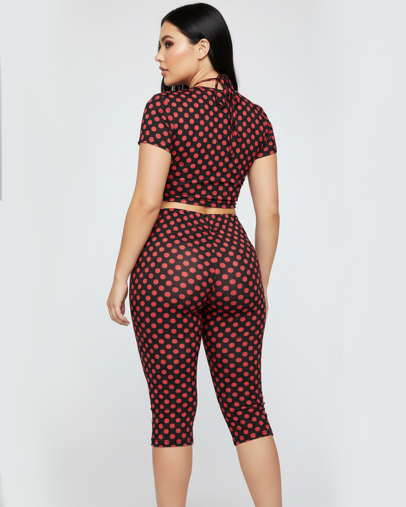 Women 3 Piece Set Polka Dot Triangle Bra Short Sleeve T-Shirt & Skinny Capri Pants Outfit
