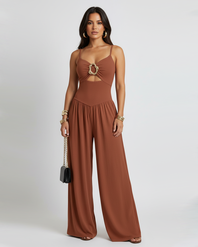 Metal Button Cutout Wide‑Leg Jumpsuit With Pockets
