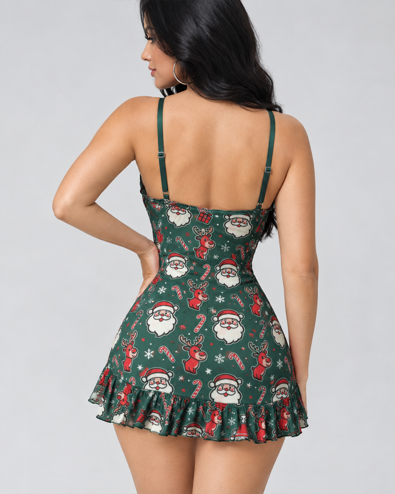 Christmas Print Sheer Mesh Slip Nightgown Loungewear Set
