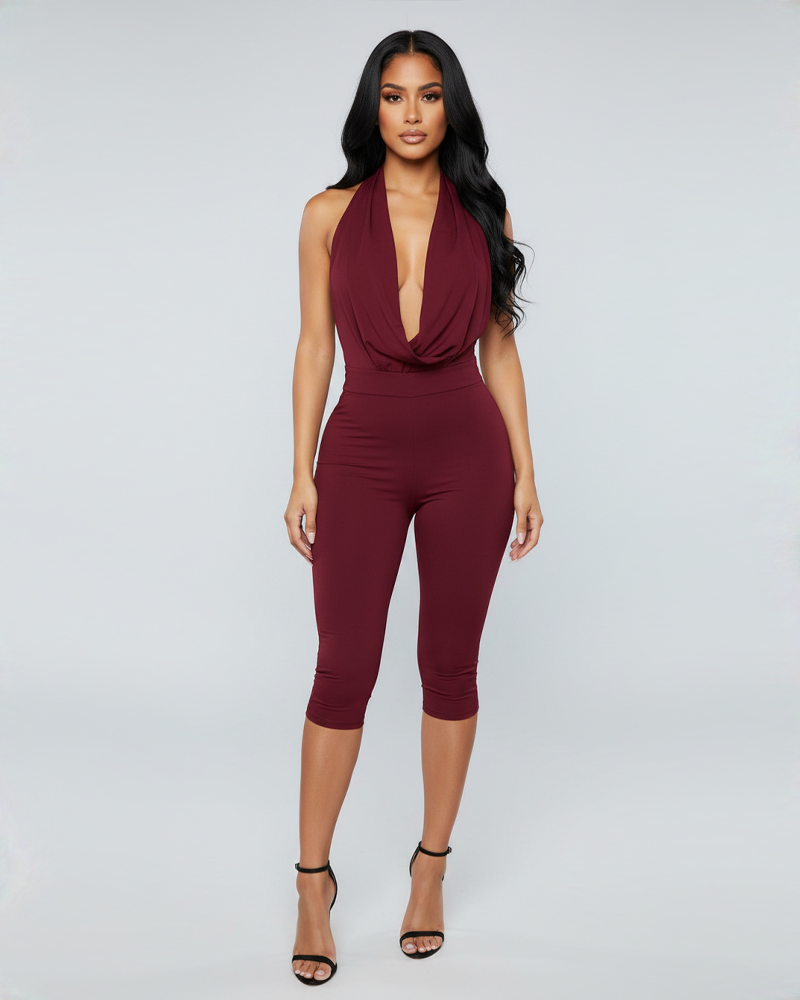 Draped Neck Back Tie Bodycon Fitted Cropped Jumpsuit