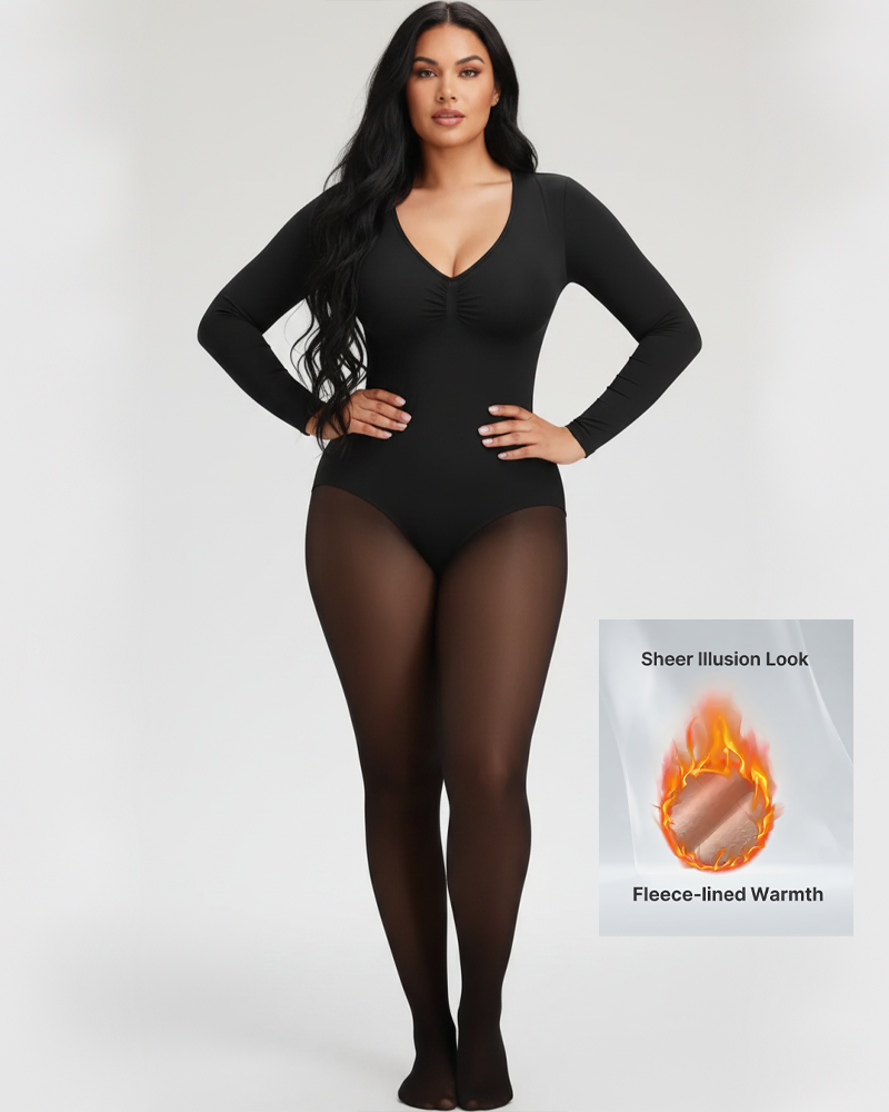 Long‑Sleeve Sheer Splice Tummy Control Butt Lifting Fleece Lined Bodysuit（Pre‑Sale）