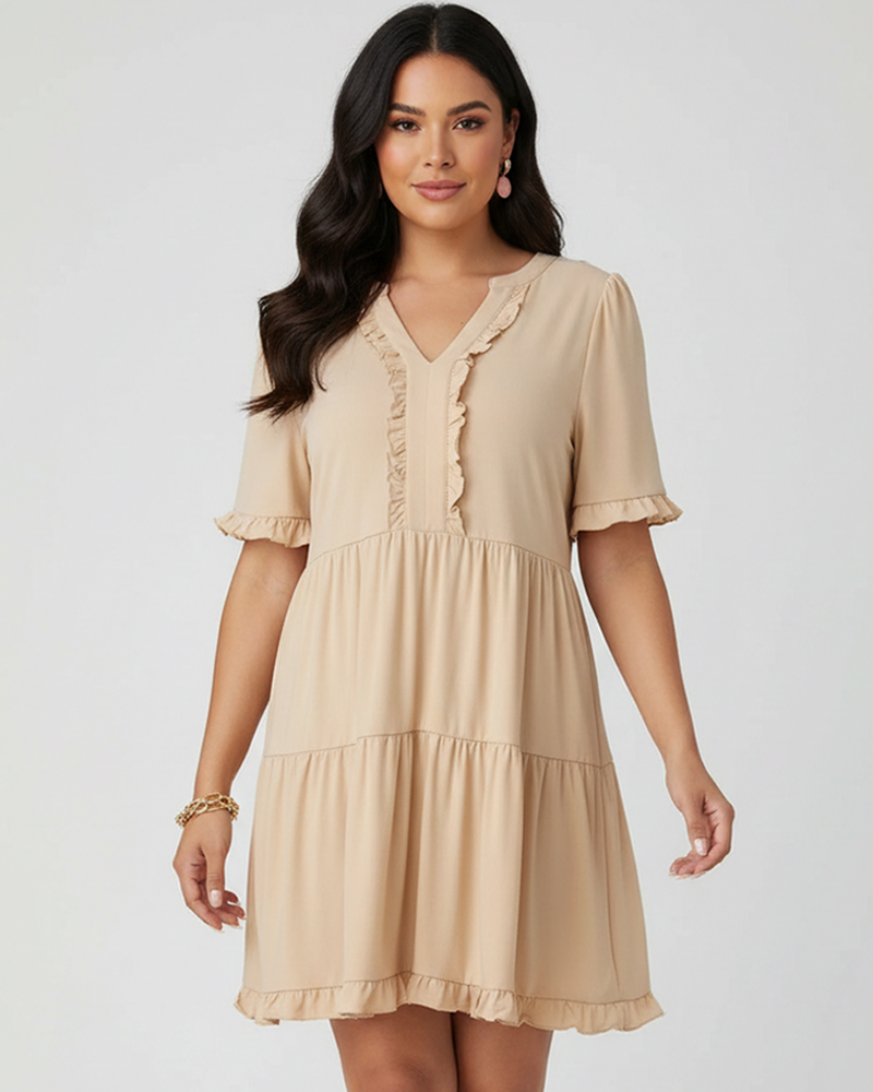 V‑Neck Ruffle Short Sleeve Casual Flowy Hem Mini Dress Summer Loose Swing Short Dress