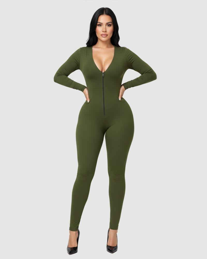 Deep V Front Zipper Long Sleeve Shaping Jumpsuit High Stretch Tummy Control Butt Lifter（Pre-Sale）