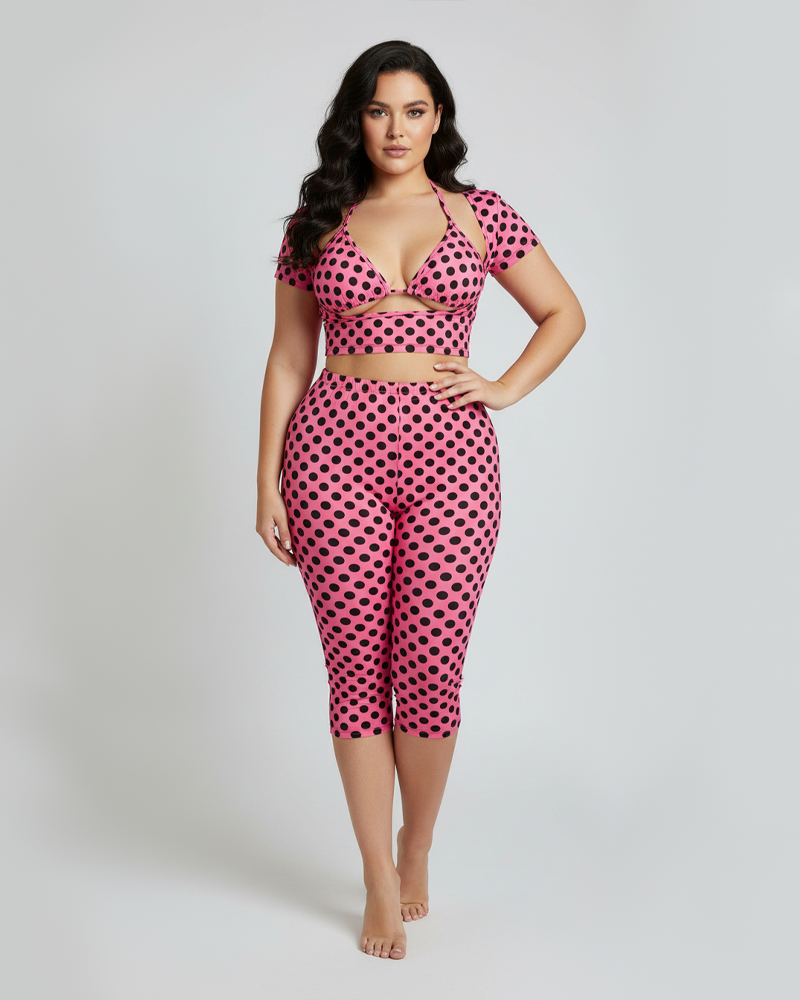 Women 3 Piece Set Polka Dot Triangle Bra Short Sleeve T-Shirt & Skinny Capri Pants Outfit