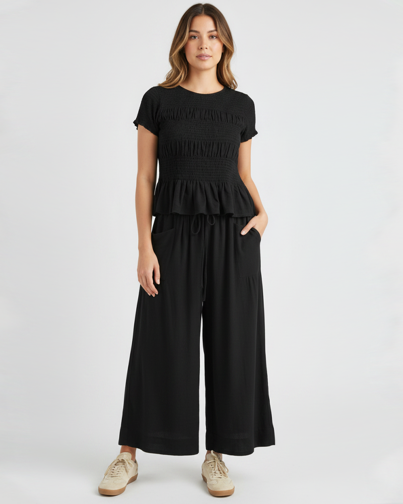 Bohemian Elastic Ruched Top High‑Waist Wide‑Leg Casual Pants 2‑Piece Outfit