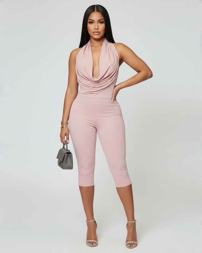 Draped Neck Back Tie Bodycon Fitted Cropped Jumpsuit