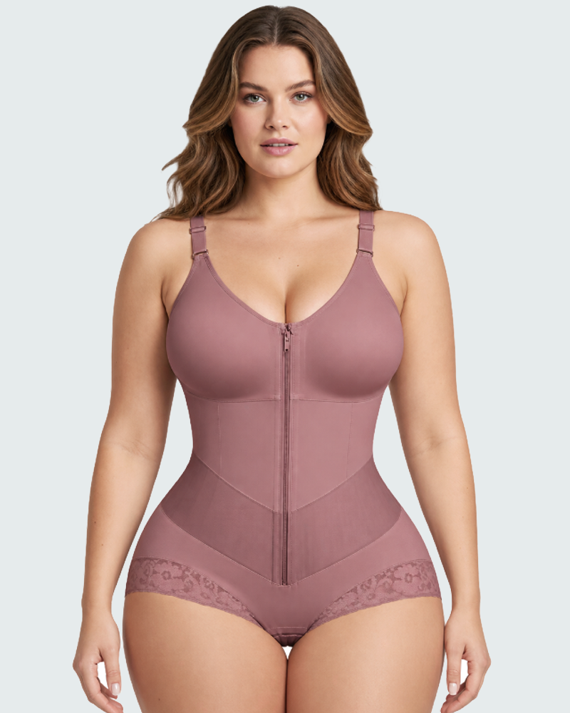 V‑Shape Compression Front Zipper Lace Trim Panty Shapewear Bodysuit