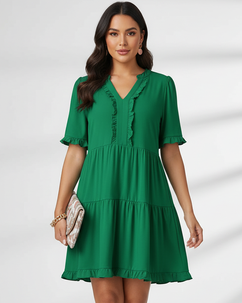 V‑Neck Ruffle Short Sleeve Casual Flowy Hem Mini Dress Summer Loose Swing Short Dress