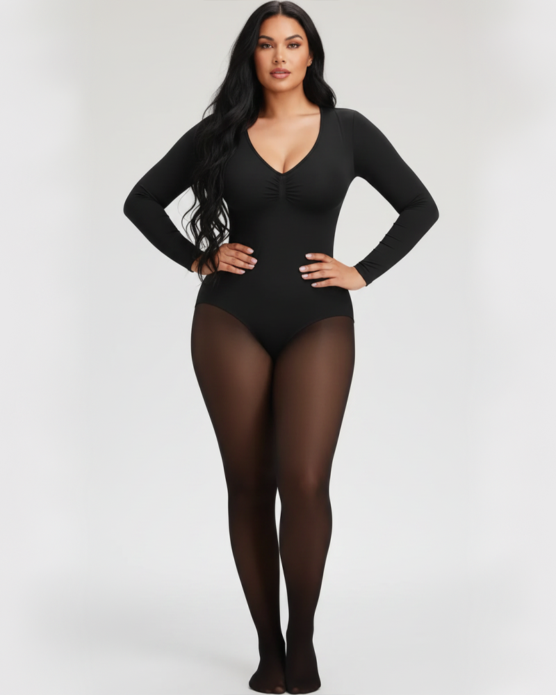 Long‑Sleeve Sheer Splice Tummy Control Butt Lifting Fleece Lined Bodysuit（Pre‑Sale）