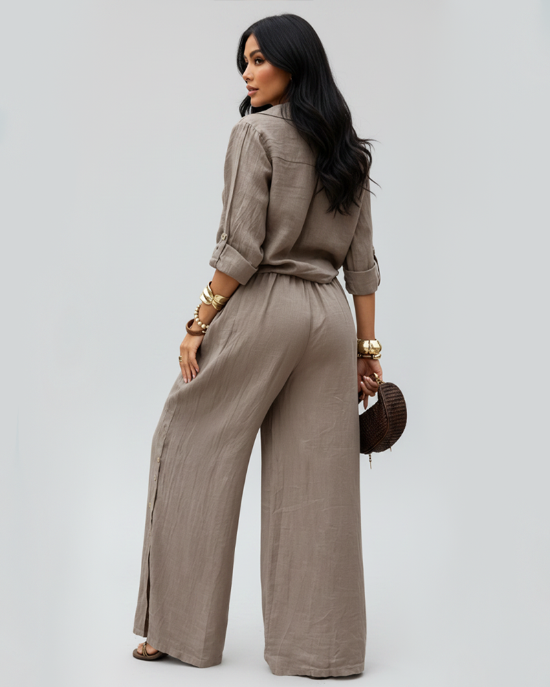 Tied‑Front Blouse Top & Button Decor Wide‑Leg Pants Two‑Piece Set