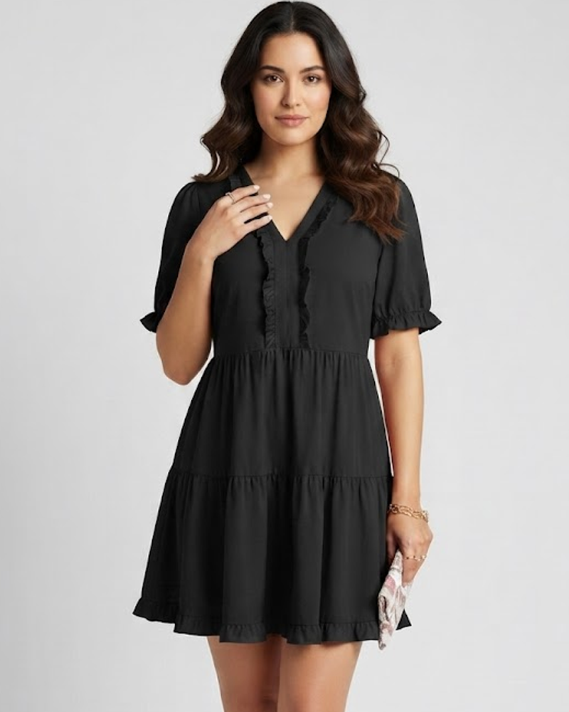 V‑Neck Ruffle Short Sleeve Casual Flowy Hem Mini Dress Summer Loose Swing Short Dress