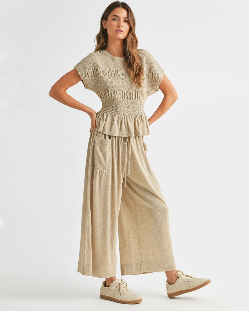 Bohemian Elastic Ruched Top High‑Waist Wide‑Leg Casual Pants 2‑Piece Outfit