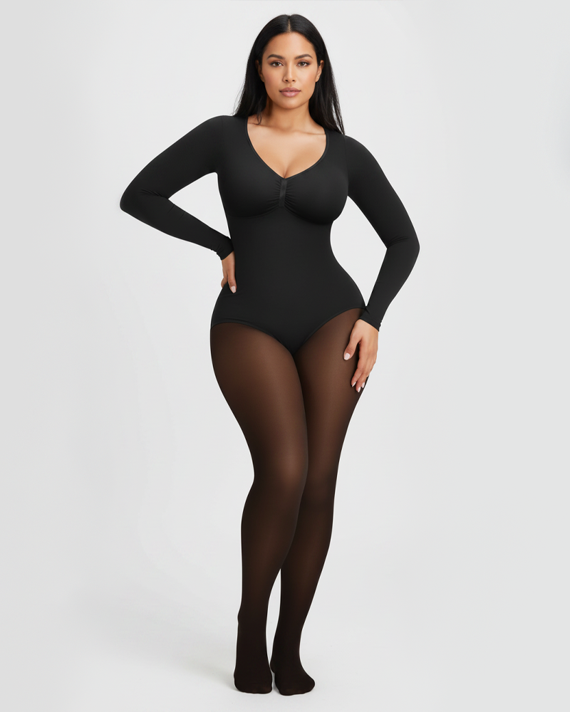 Long‑Sleeve Sheer Splice Tummy Control Butt Lifting Fleece Lined Bodysuit（Pre‑Sale）