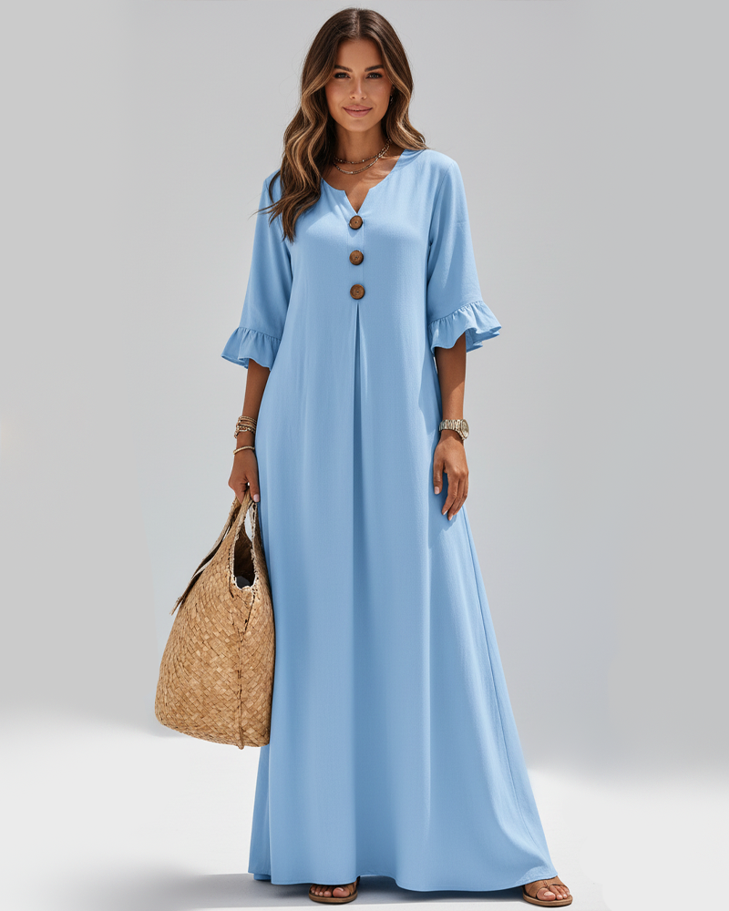 Bohemian V‑Neck Ruffle Sleeve Maxi Dress