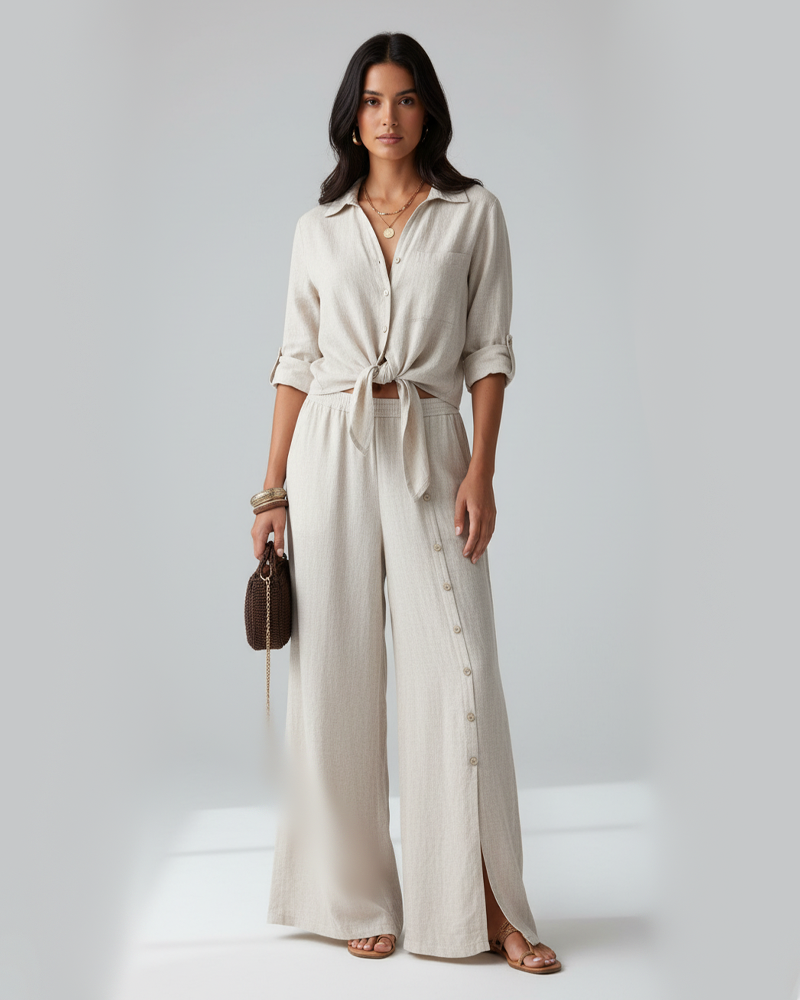Tied‑Front Blouse Top & Button Decor Wide‑Leg Pants Two‑Piece Set
