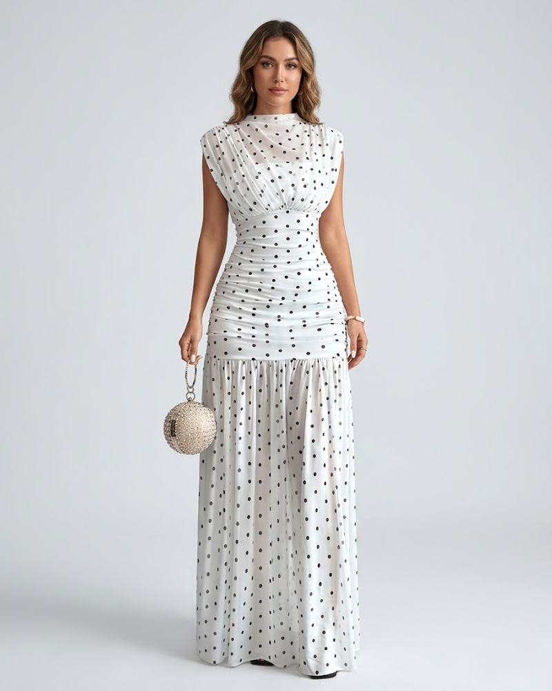 Elegant Polka Dot Print Sleeveless Maxi Dress Ruched Bust & Waist Slimming Long Dress