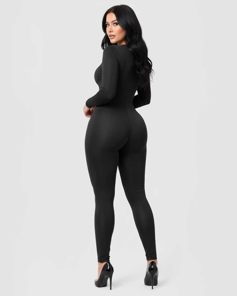Deep V Front Zipper Long Sleeve Shaping Jumpsuit High Stretch Tummy Control Butt Lifter（Pre-Sale）