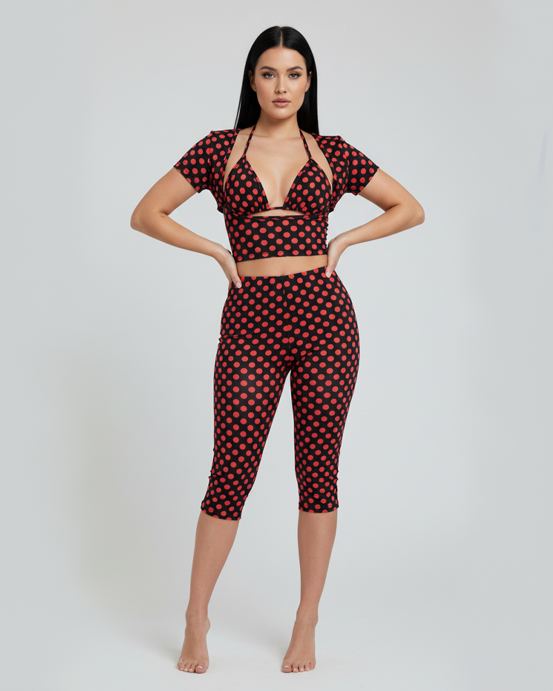Women 3 Piece Set Polka Dot Triangle Bra Short Sleeve T-Shirt & Skinny Capri Pants Outfit