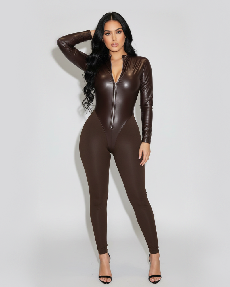 Halloween Solid Color Faux Leather Panel Long Sleeve Slim Long Jumpsuit With Zipper