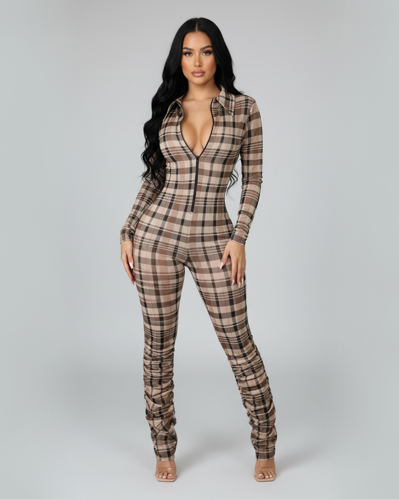 Front Zipper Leg Ruched Print Long Sleeve Skinny Jumpsuit（Pre-Sale）