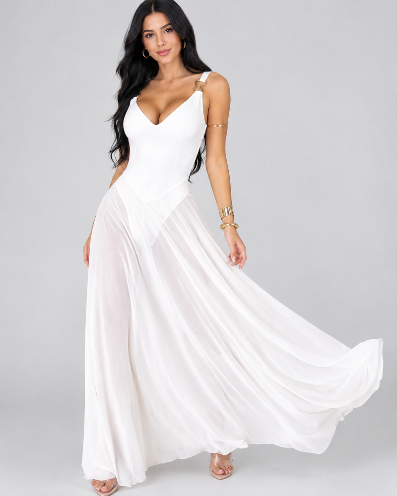 Elegant Sleeveless Deep V Neck Tulle Slip Dress