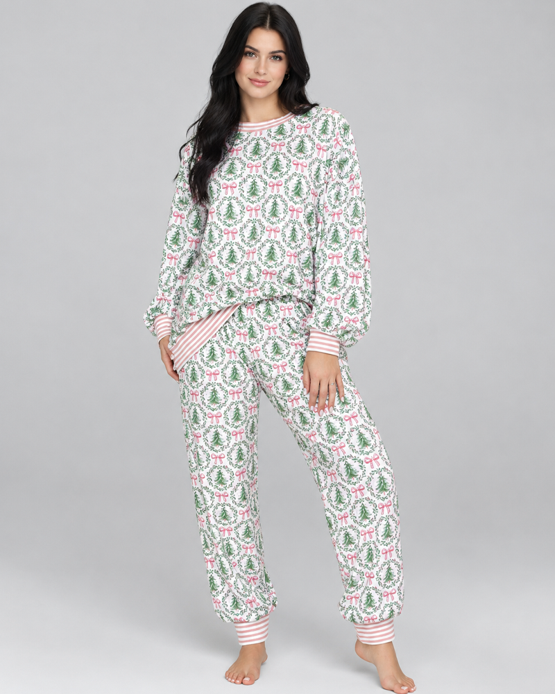 Women's Christmas Print Long Sleeve Long Pants Pajama Loungewear Set