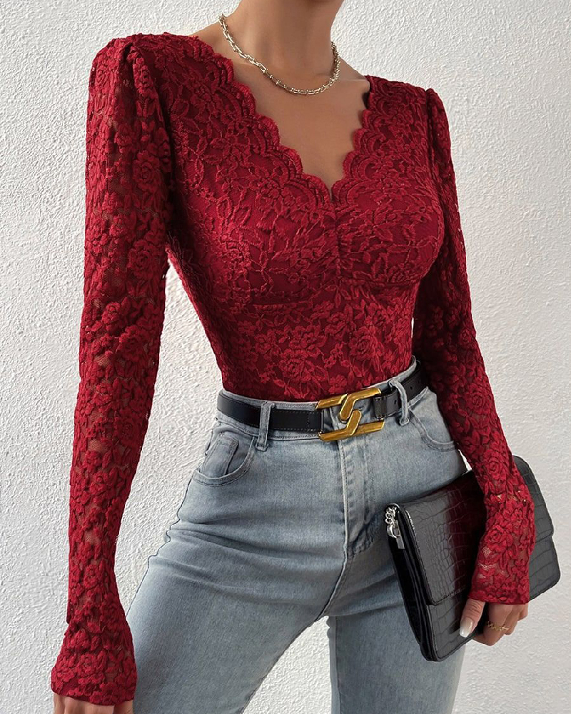 Floral Lace Sheer Long Sleeve Bodysuit V Neck Slim Fit Thong Body Shaper