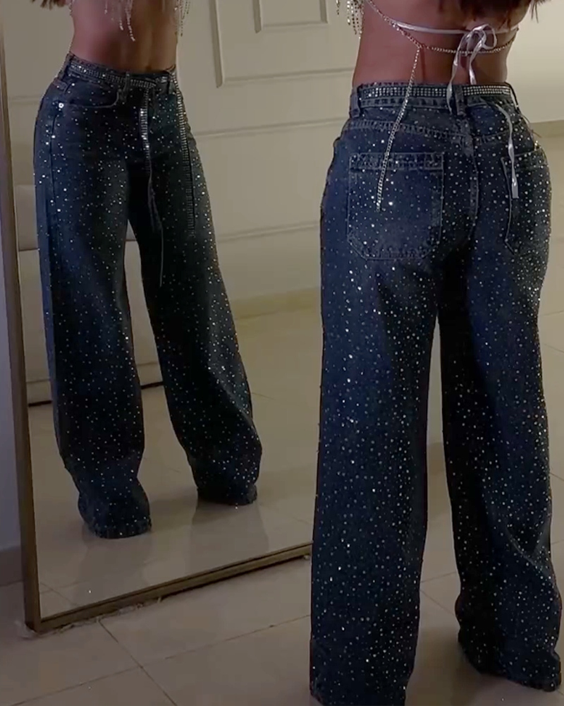 Diamond-Studded Straight-Leg Jeans (Pre-Sale)