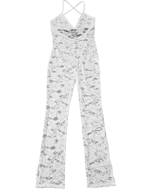 Deep V Halter Back Lace See Through Jumpsuit-Curvy-Faja